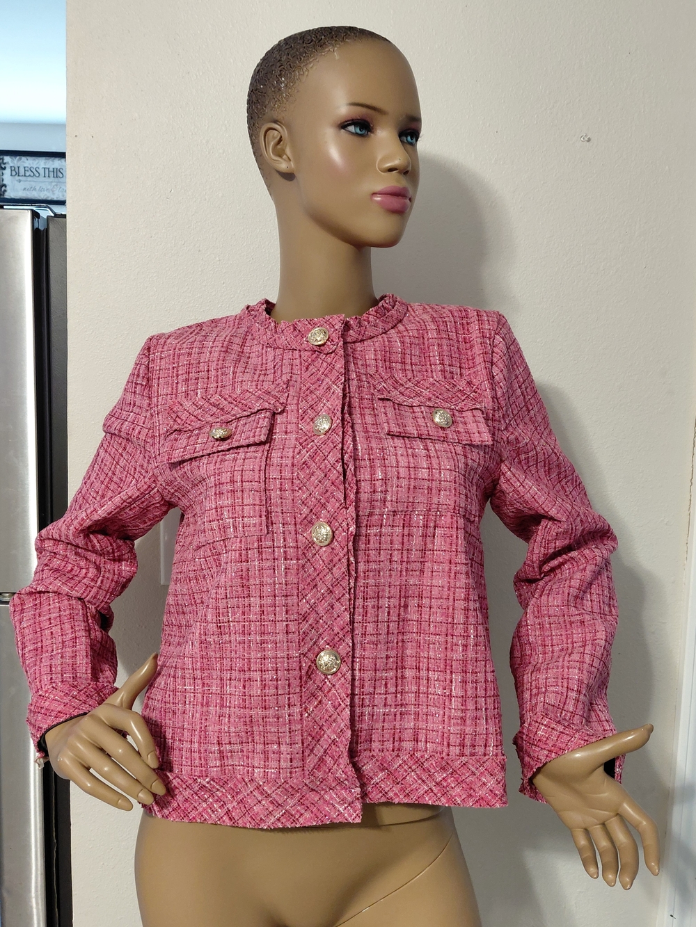 Women’s Pink Tweed Button-Front Jacket